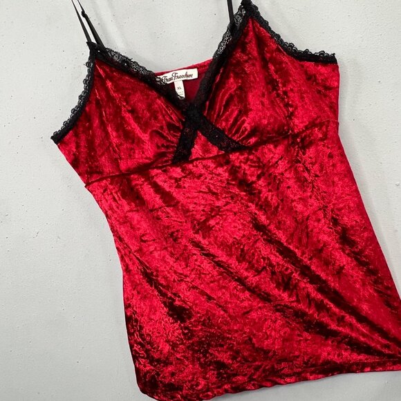 True Freedom Tops - Y2K Velvet Velour Tank Top XL Red Black True Freedom Lace Trim Empire Babydoll